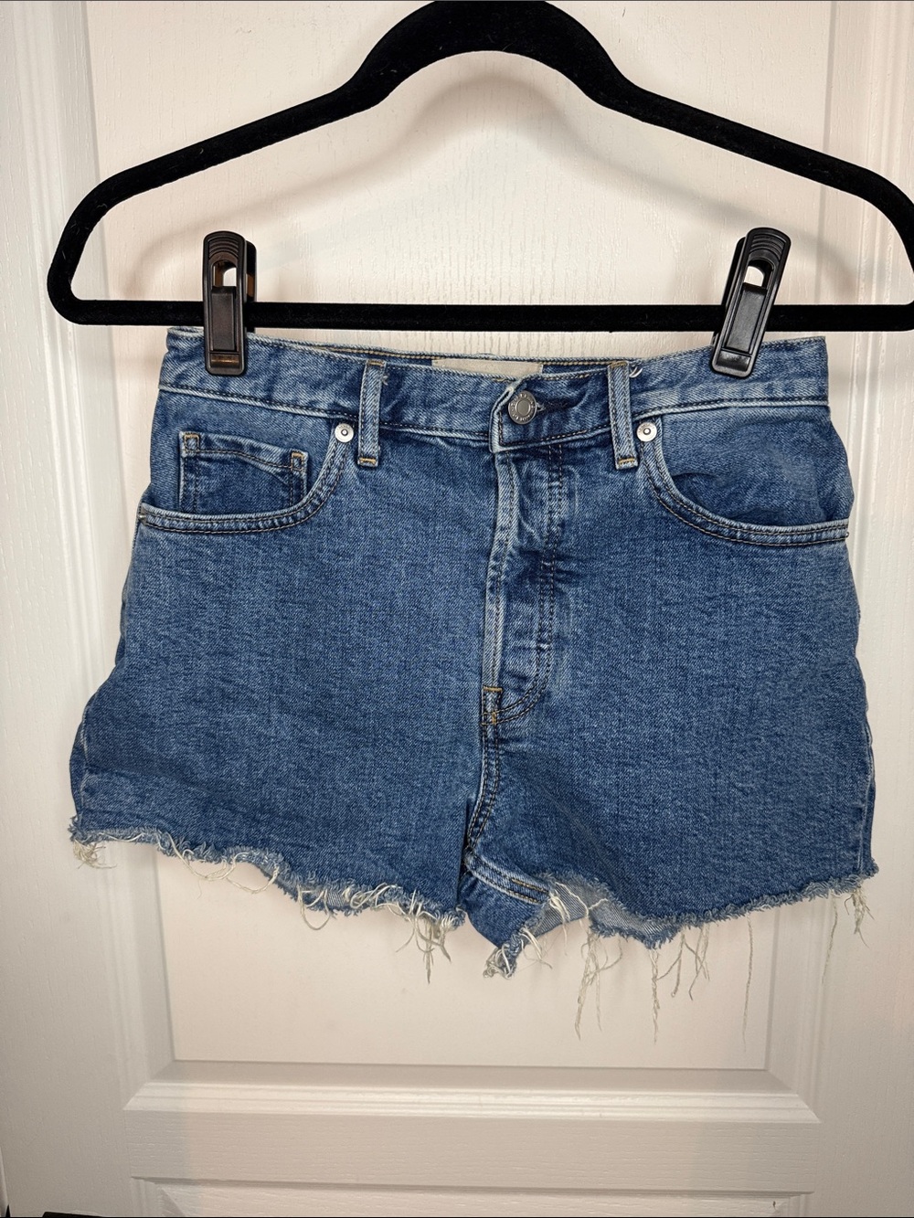Everlane Indigo High-Rise Frayed Hem Denim Shorts